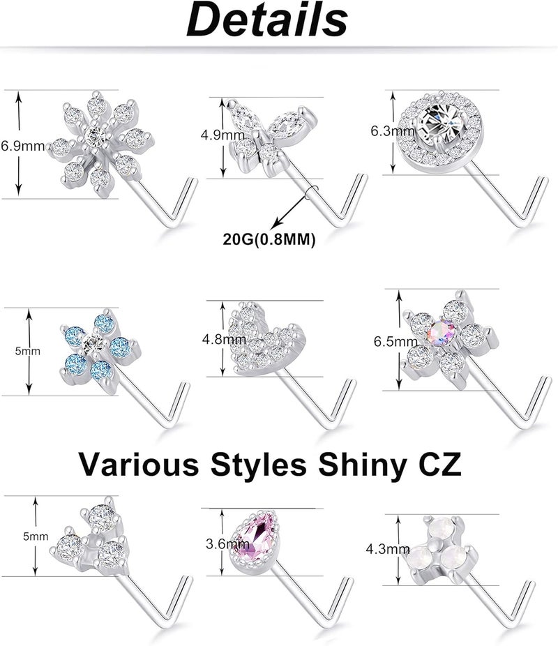 Tornito 9Pcs Nose Rings Stud L Bone Screw Shaped Nose Ring Flower CZ Snowflake Butterfly Screw Nose Stud Body Piercing Jewelry for Women Men 20G Silver Gold Rose Gold Tone - Image 4